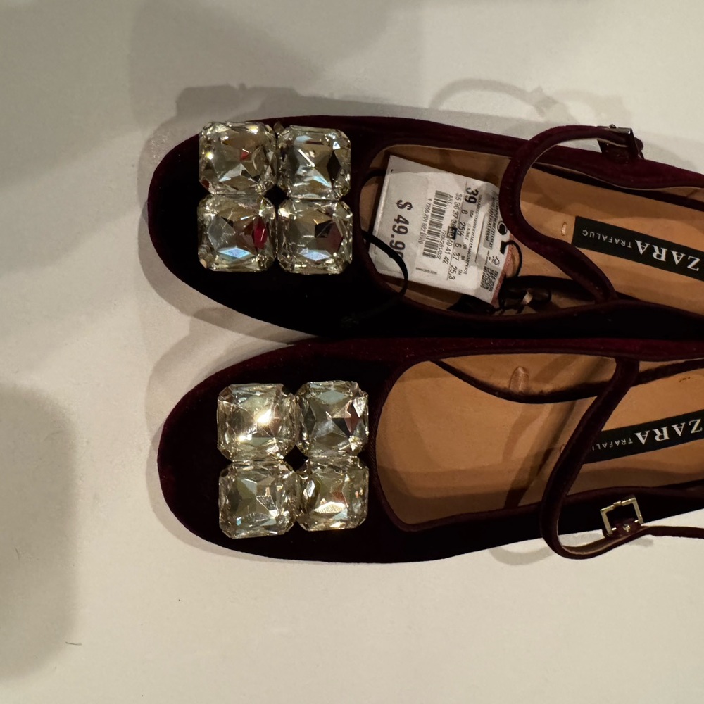 Zara Deep Red Velvet Mary Jane Flats with Crystal Accents